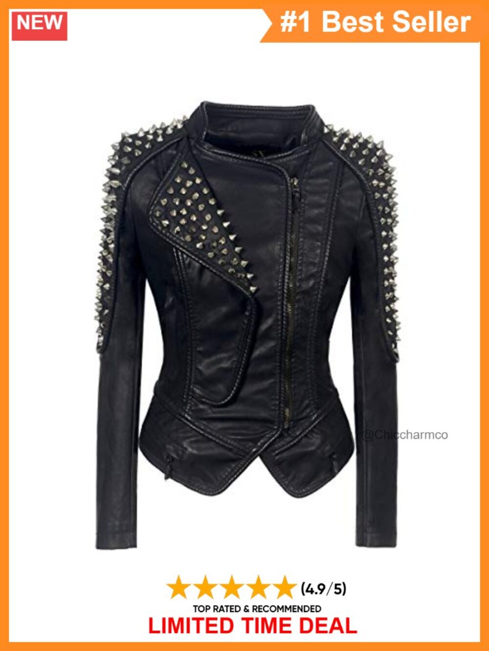 Faux Leather Studded Moto Biker Jacket Asymmetric Zip Rivet Coat